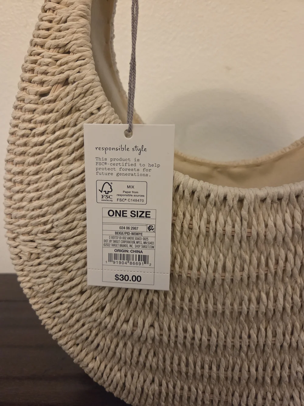 NWT A new Day Crescent Woven Tote in Natural with Black Handle